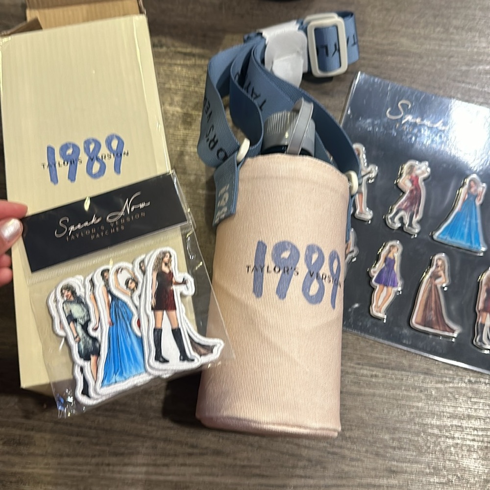 1989 water bottle and speak now tay tay patches and magnets